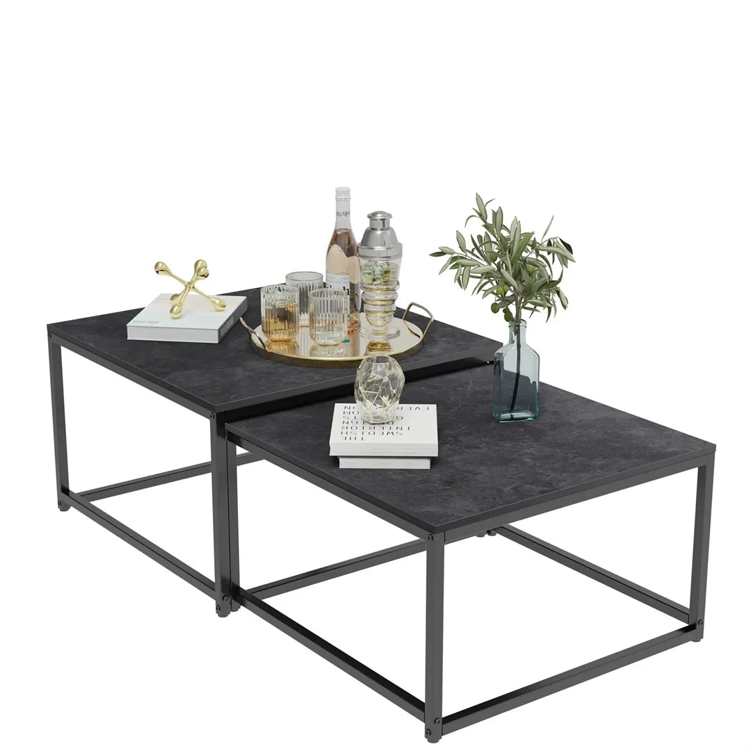 LUVODI Rectangle White Nesting Coffee Table Set Living Room Black Stack-able Accent Tables with Marble Tabletop