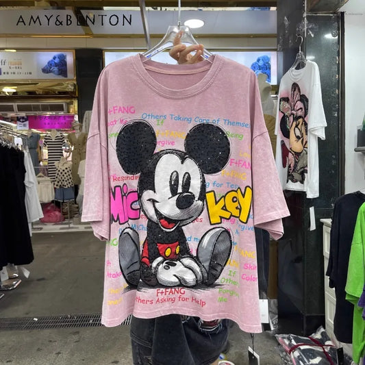 Women's Clothes 2025 New Heavy Industry Design Cartoon Leopard Print Short-sleeved T-shirt Loose Casual Top Vintage Tees Female