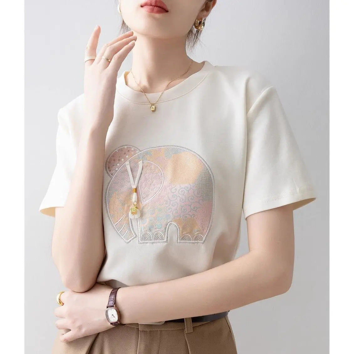 Women Clothing Fashion Cartoon Embroidery Pure Cotton T-Shirt Summer Vintage Loose O-neck Elegant Short Sleeve Tops
