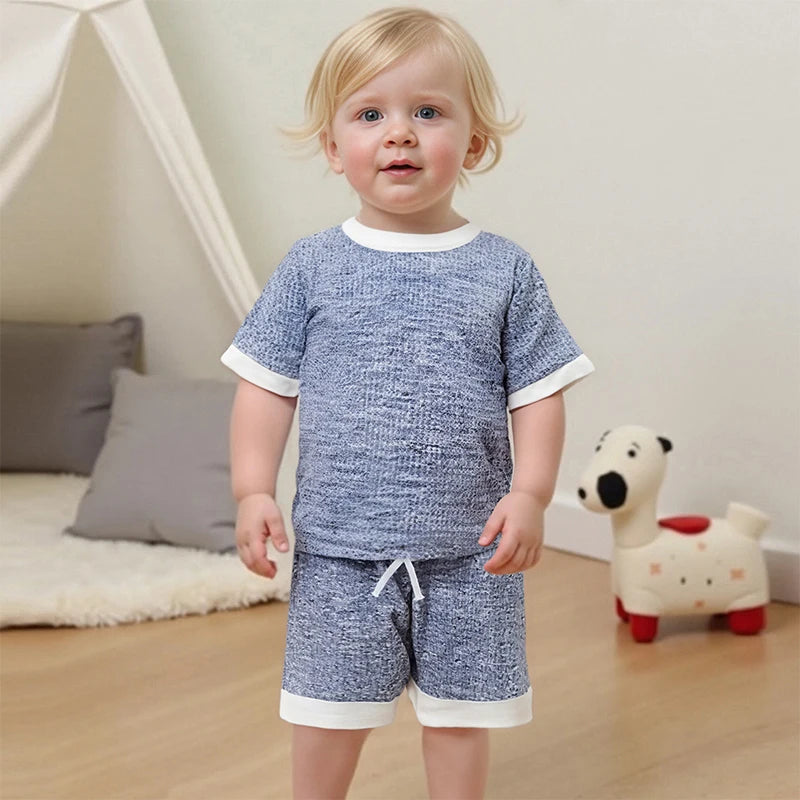 2025-02-21 Lioraitiin Toddler Boy Girl Shorts Set Short Sleeve T-shirts Elastic Waist Shorts Waffle Outfit Casual Summer Clothes