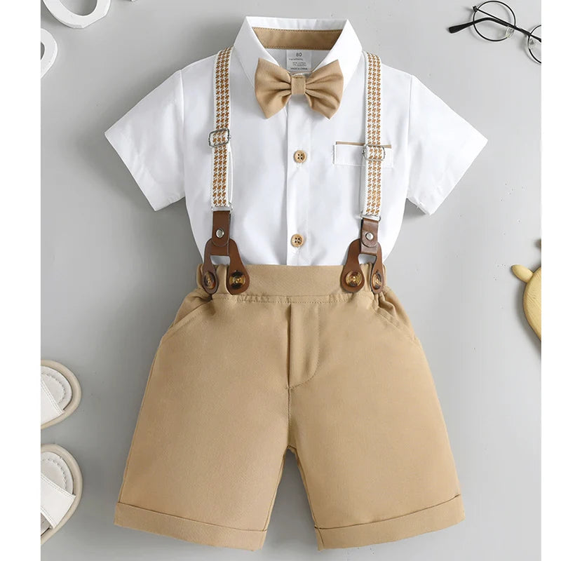 Baby Boy Clothes Set Summer Short Sleeve Shirt Bowtie +Suspenders Shorts 3pcs Kids Birthday Party Children Gentleman Suit