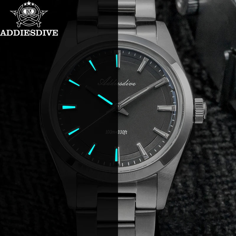 ADDIESDIVE Quartz Watch For Men 36mm Dome Glass BGW9 Luminous Diving 100m Waterproof Stainless Steel VH31 Wristwatch New AD2066