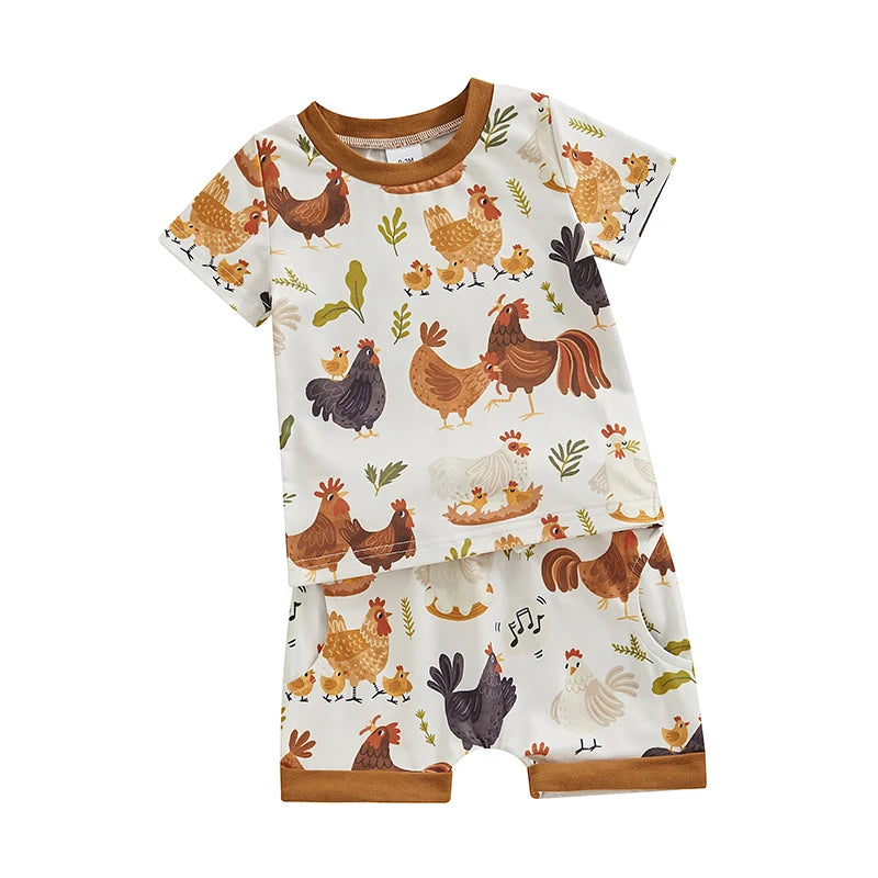 2024-01-16 Lioraitiin 3M-3Y Toddler Baby Boy Farm Clothes Western Farm Chicken Animals Tractor Shirt Short Pant Summer Outfit