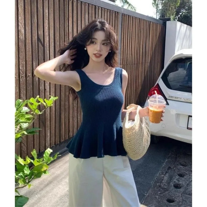 Women Clothing Summer Fashion Casual Simplicity All-match Fashionable Solid Color O-neck Waist Fish Tail Sleeveless Camisole Top