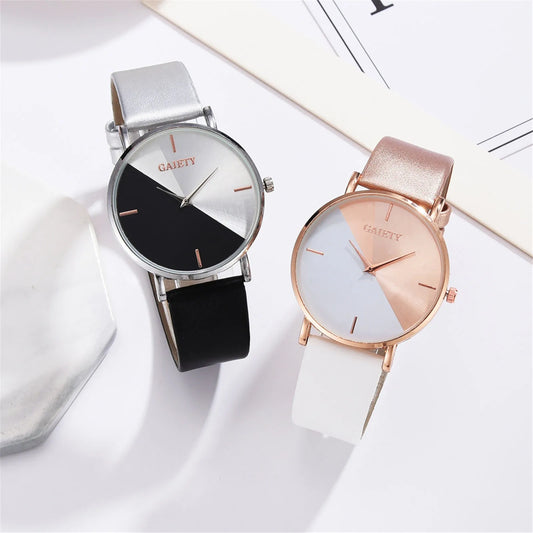 Women'S Watch Set Luxury Fashion Light Luxury Geometric Stitching Quartz Style Pu Leather Strap Round Dial Women'S Gift