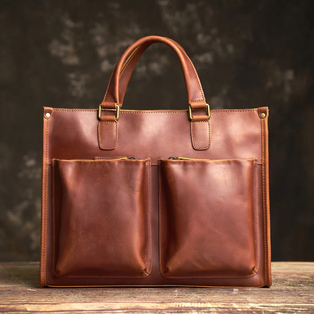 Vintage Men's Briefcase Genuine Leather Casual Trend Handbag High Capacity Shoulder Bag Zipper Pockte For 14 Inch Laptop NUPUGOO