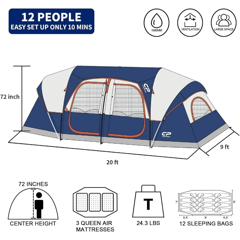 Tent-12-Person-Camping-Tents, Waterproof Windproof Family Tent with Top Rainfly, 6 Large Mesh Windows, Double Layer, Easy Set U