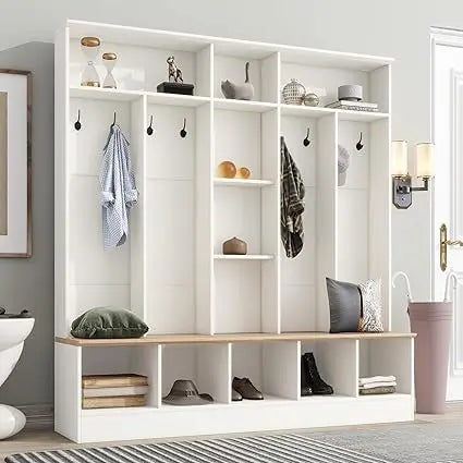 ON-TREND Wide Design Hall Tree with Storage Bench, Minimalist Shoe Cabinet with Cube Storage & Shelves, Multifunctional Coat Rac