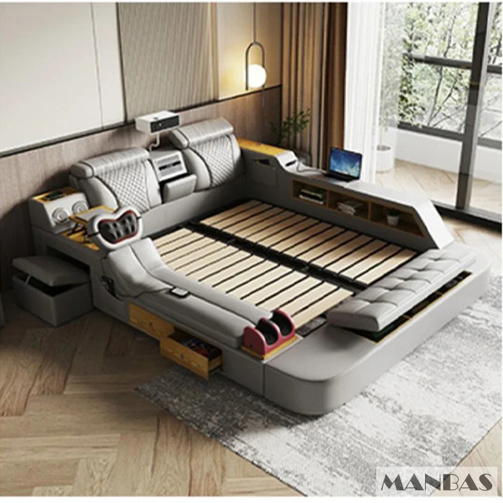 Linlamlim Tech Smart Bed - the Ultimate Multifunctional Bedframe with Genuine Leather, Massage, Speaker, Projector, Air Purifier