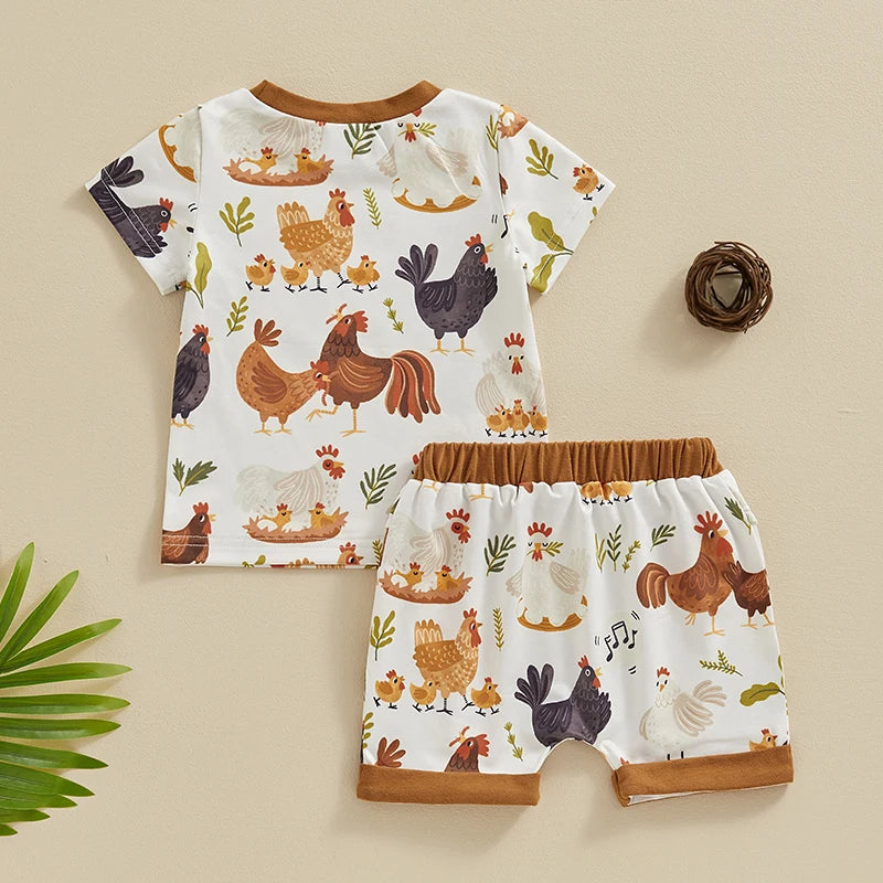 2024-01-16 Lioraitiin 3M-3Y Toddler Baby Boy Farm Clothes Western Farm Chicken Animals Tractor Shirt Short Pant Summer Outfit