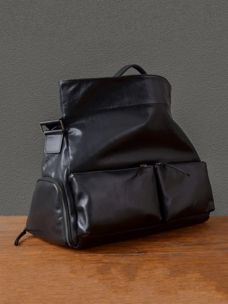 Retro Designer Men New Black Cowskin Genuine Leather Travel Bag Big Capacity Casual Tote Handbag Single Shoulder Crossbody Bag