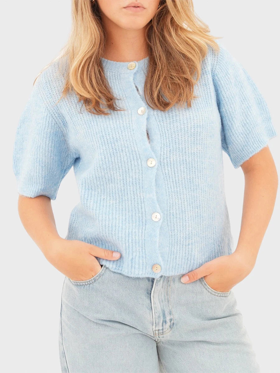 Women s V-Neck Button Down Knit Cardigan Sweater Solid Color Ribbed Loose Fit Short Sleeve Cropped Pullover Top