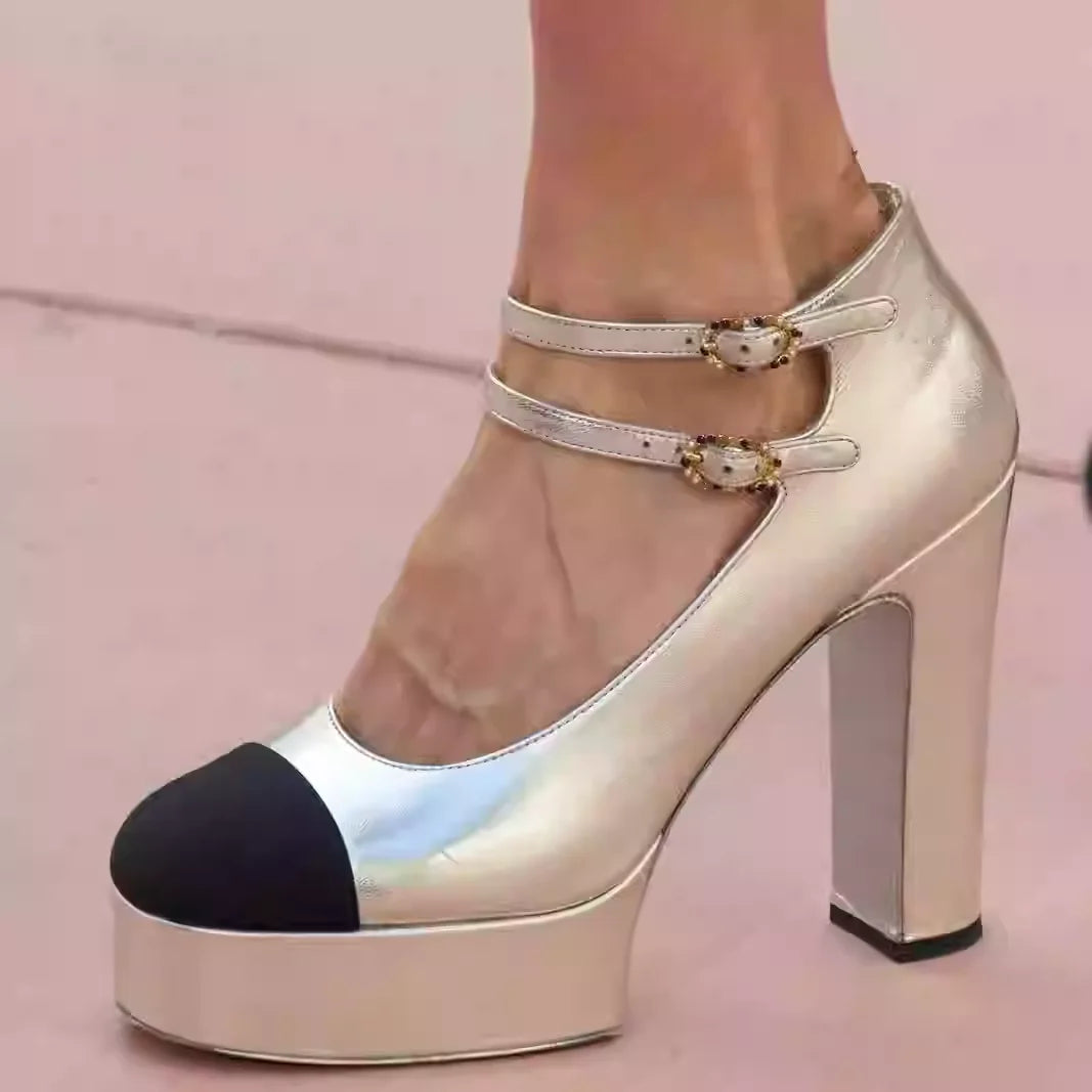 New high-heeled waterproof platform single shoes with color chunky heel women's shoes Mary Jane shoes female