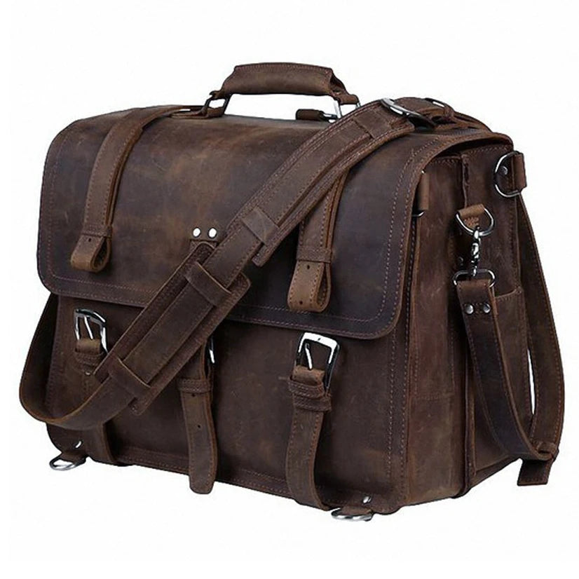 Vintage Crazy Horse Genuine Leather Men Briefcase Business Bag Large Leather Briefcase Male 15.6"Laptop Case Shoulder Bag office