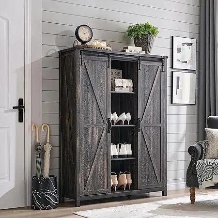 Shoe Cabinet with 2 Sliding Door, 6-Tier Adjustable Shelves, Farmhouse Shoe Organizer for Entryway, Living Room, 60" Tall Large