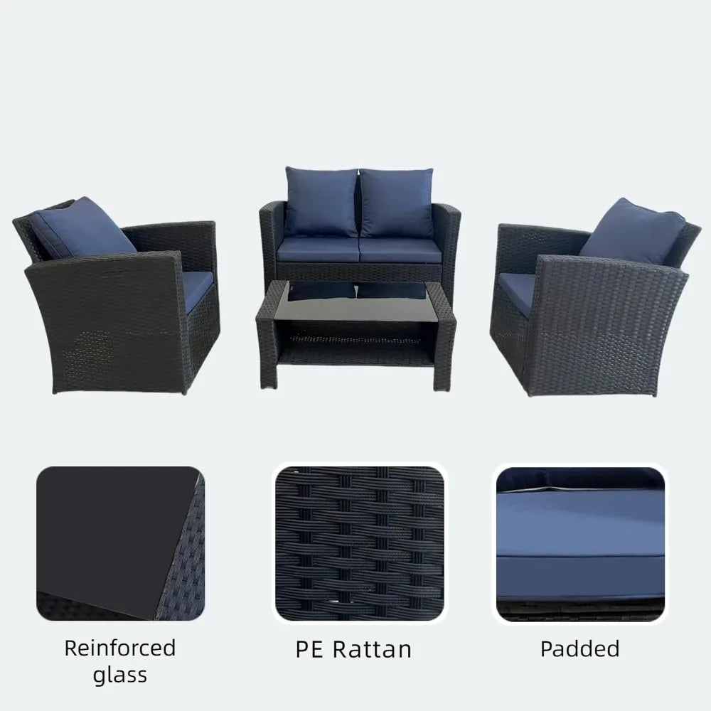 Patio Furniture Set, All-Weather Wicker Sectional Conversation Set with Tempered Glass Table & Cushioned Sofa,Outdoor Sofa