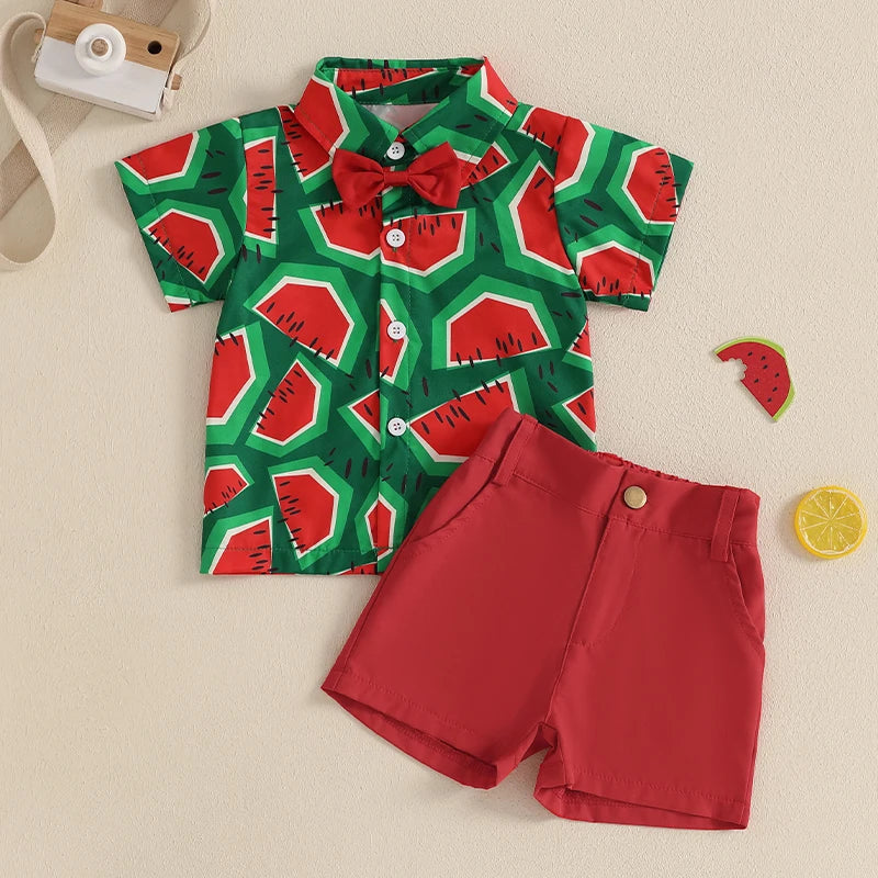 Lioraitiin Toddler Baby Boy Summer Outfits Watermelon Pattern Button Down Turn Down Collar Short Sleeve Shirt with Shorts Set