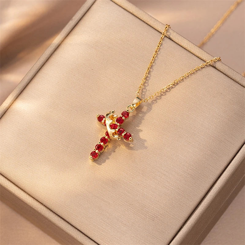 Rotatable Crown Rhinestone Cross Choker Necklace Earrings Rings for Women Minimalist Cross Chain Christian Jewelry Prayer Gift