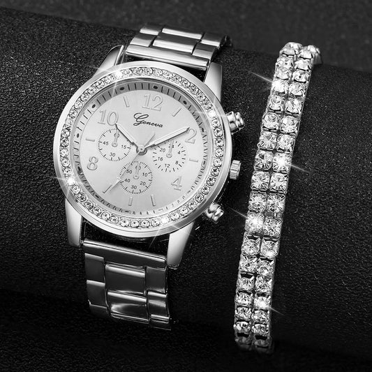 Fashion Women Stainless Steel  Silver Color Quartz Watch with Diamond Bracelet