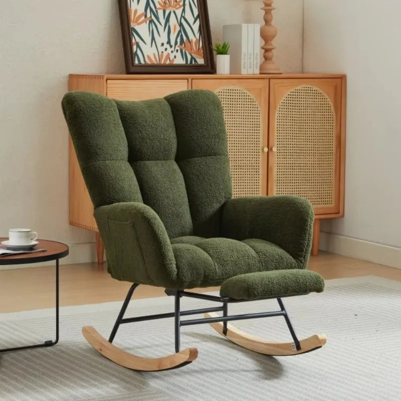 Modern Rocking Upholstered Glider Chair with High Backrest Rocker Accent Armchair with Solid Wood Legs Bedroom Living Room Chair