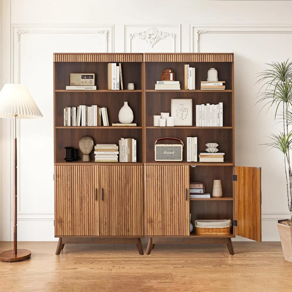 68" Fluted Tall Bookcase with Storage Cabinet,Mid-Century Modern 5-Tiers Arched Bookshelf Cabinet with Doors