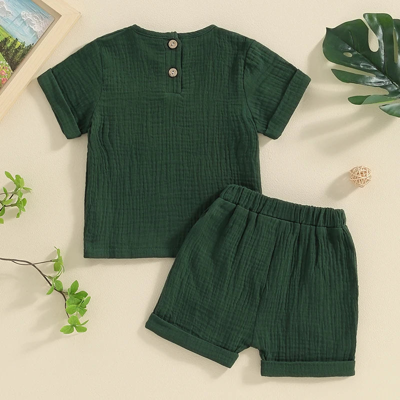 Newborn Baby Boys Summer Clothes Sets Solid Cotton Linen Pocket Short Sleeve T-shirts+Button Pocket Shorts Beach Casual Outfits