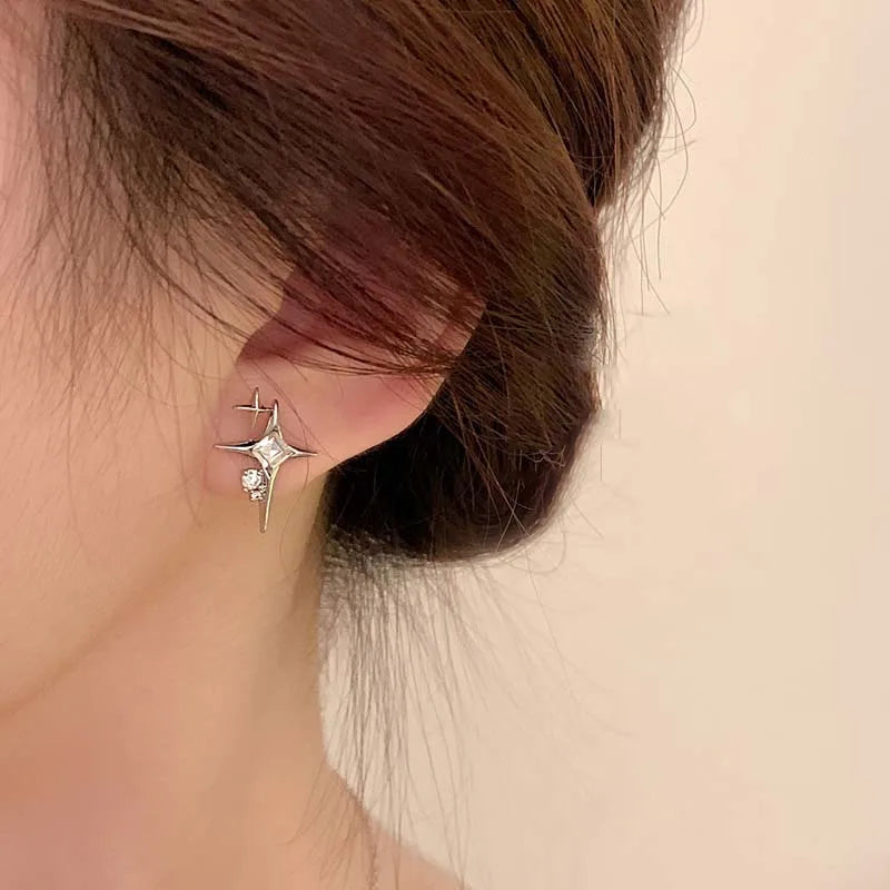2025 Fashion Silver Color Cross Star Zircon Stud Earrings for Women Girl Korean Four-Pointed Star Personality Earrings Jewellery
