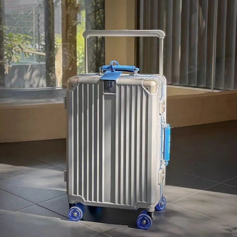 New Aluminum Frame Wide Handlebar Rolling Luggage Large Capacity Trolley Suitcase with Colorful Silent Spinner Wheels TSA Lock