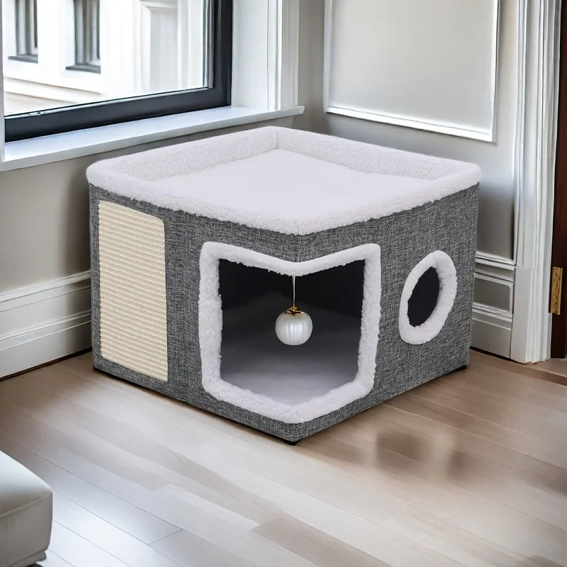 Luxury Cat Tree Bed with Scratching Post - Dual-Level 4-Season Pet Furniture, Organic Bamboo Base & Orthopedic Cushion