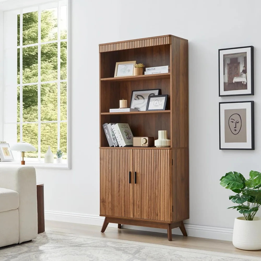 68" Fluted Tall Bookcase with Storage Cabinet,Mid-Century Modern 5-Tiers Arched Bookshelf Cabinet with Doors