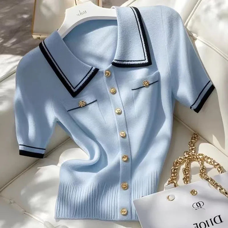 Women Clothing Temperament Elegant Knitted Contrast Tops Summer Fashion Commute Short Sleeve Chic Button Slim T-shirt