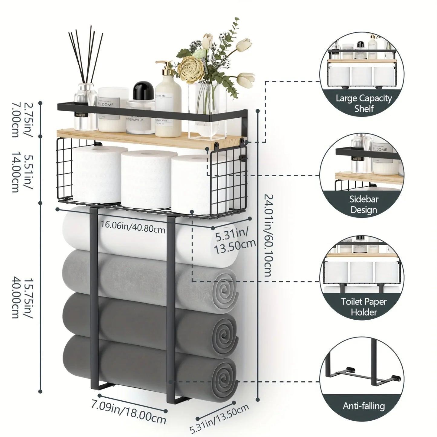 Bathroom  Sheves, Towel Racks With Metal Tissue Basket, Holder Wall Rack For Rolled Towels, Org