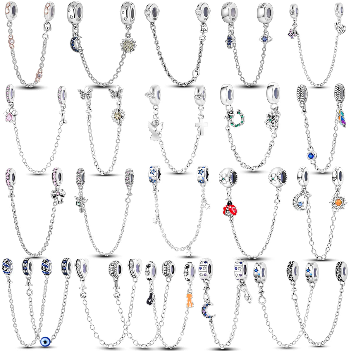Silver Clasp 925 Sterling Silver CZ pave Clip Charms Daisy Beads Stopper Safety Chain fit Original Bangle Bracelet Jewelry Clip
