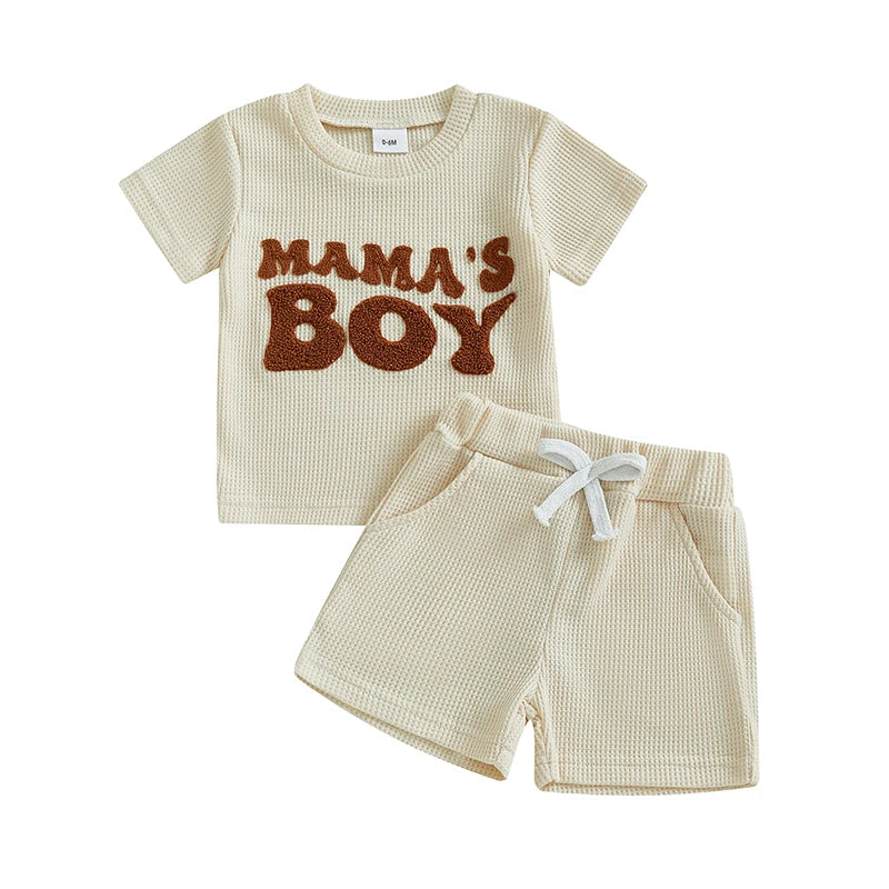 Toddler Baby Boy Summer Outfit Letter Embroidery Short Sleeve T-shirt Solid Shorts Waffle Knit Set