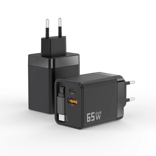 65W GaN Mobile Phone Charger Adapter Built-in Retractable Cable PD Charger Fast Charging Charger Mobile Phone Laptop Charger