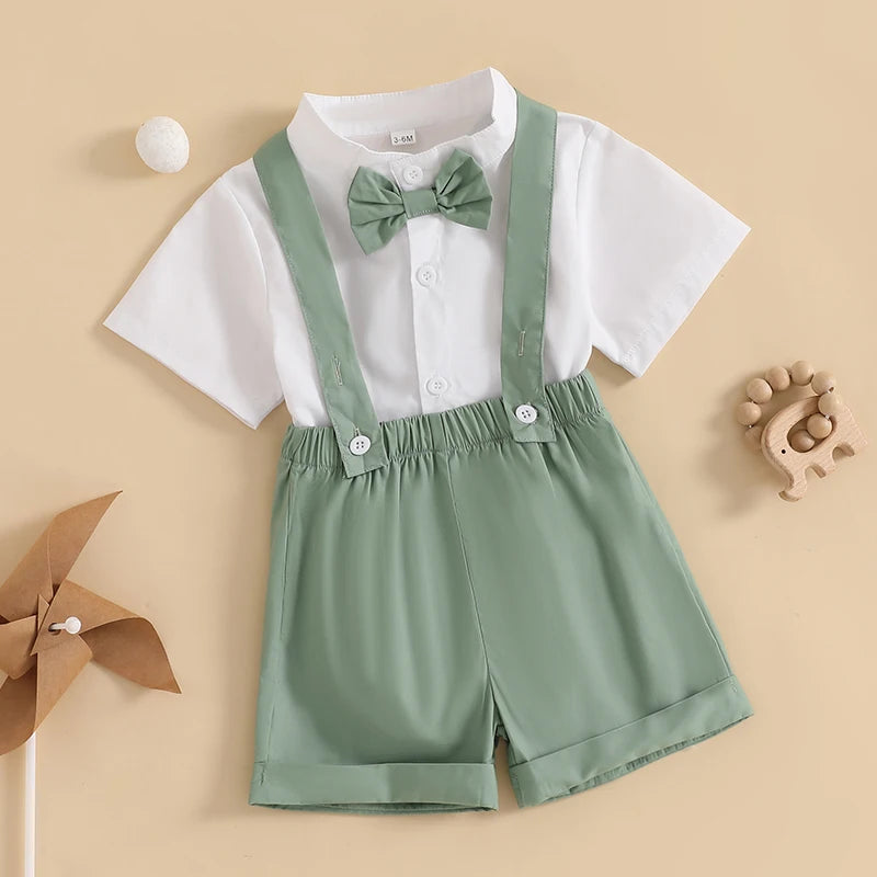 2024-12-04 Lioraitiin Summer Toddler Boys Clothes Set Gentleman Outfit Solid Color Short Sleeve Romper with Suspender Shorts Set