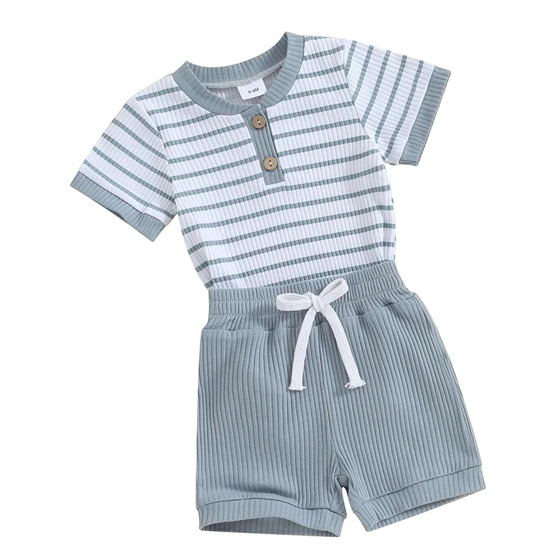 2023-11-18 Lioraitiin Newborn Baby Boy Girl Summer Clothes Striped Short Sleeve Ribbed Romper Tops Elastic Shorts Set Outfits