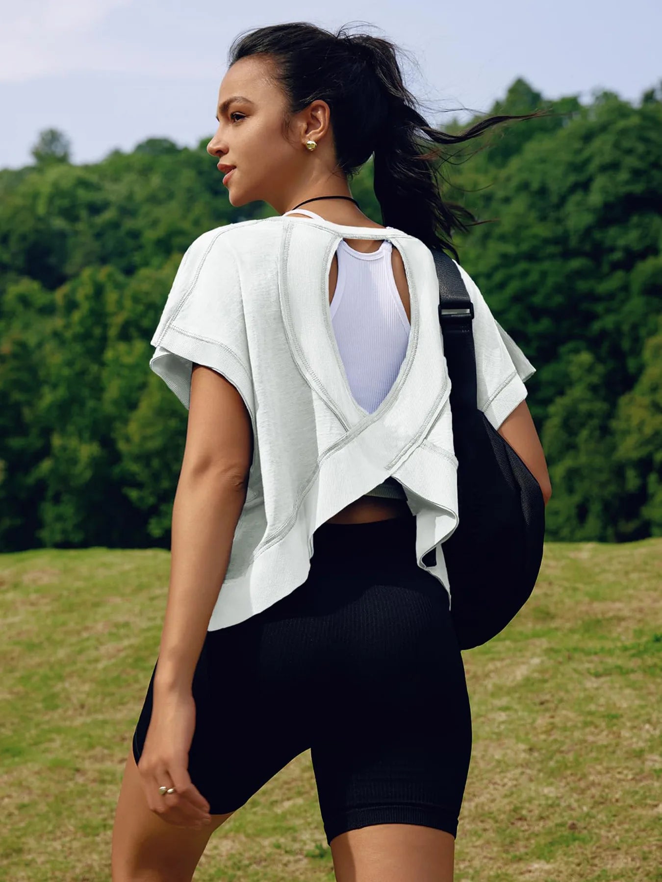 Women’s Summer Cotton Workout Tops Open Back Short Sleeve Blouses Y2k Athletic T-shirt Casual Gym Yoga Tee