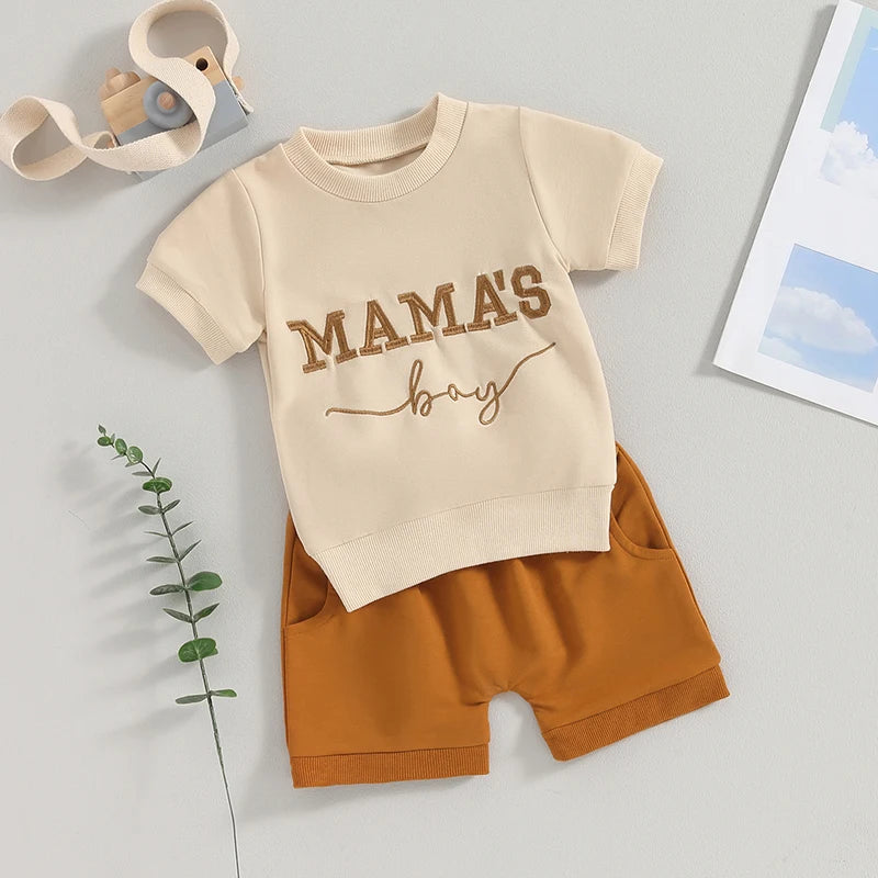 Toddler Baby Boy Summer Clothes Short Sleeve Embroidery Top Solid Color Shorts Cute Infant 2Pcs Baby Boy Outfit Sets