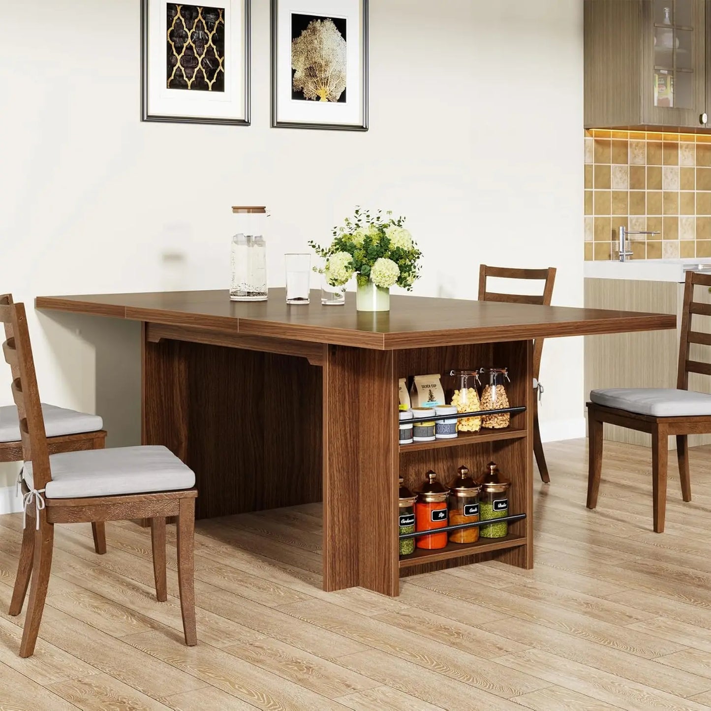 Farmhouse Dining Table for 6 to 8, 63-Inch Rectangular Kitchen Table with Storage,for Dining Room, Kitchen, Living Room