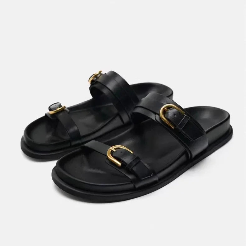 Woman Black Flat Slingback Shoes Female Summer Straps Round Toe Shoes 2025 Women's Sandals Metal Buckle Flat Sandals