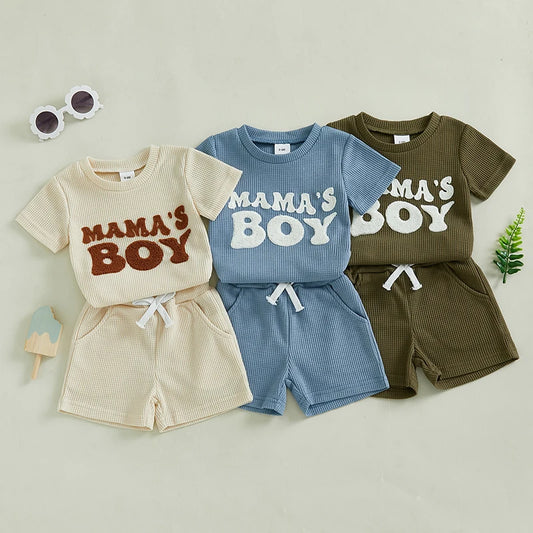 Toddler Baby Boy Summer Outfit Letter Embroidery Short Sleeve T-shirt Solid Shorts Waffle Knit Set