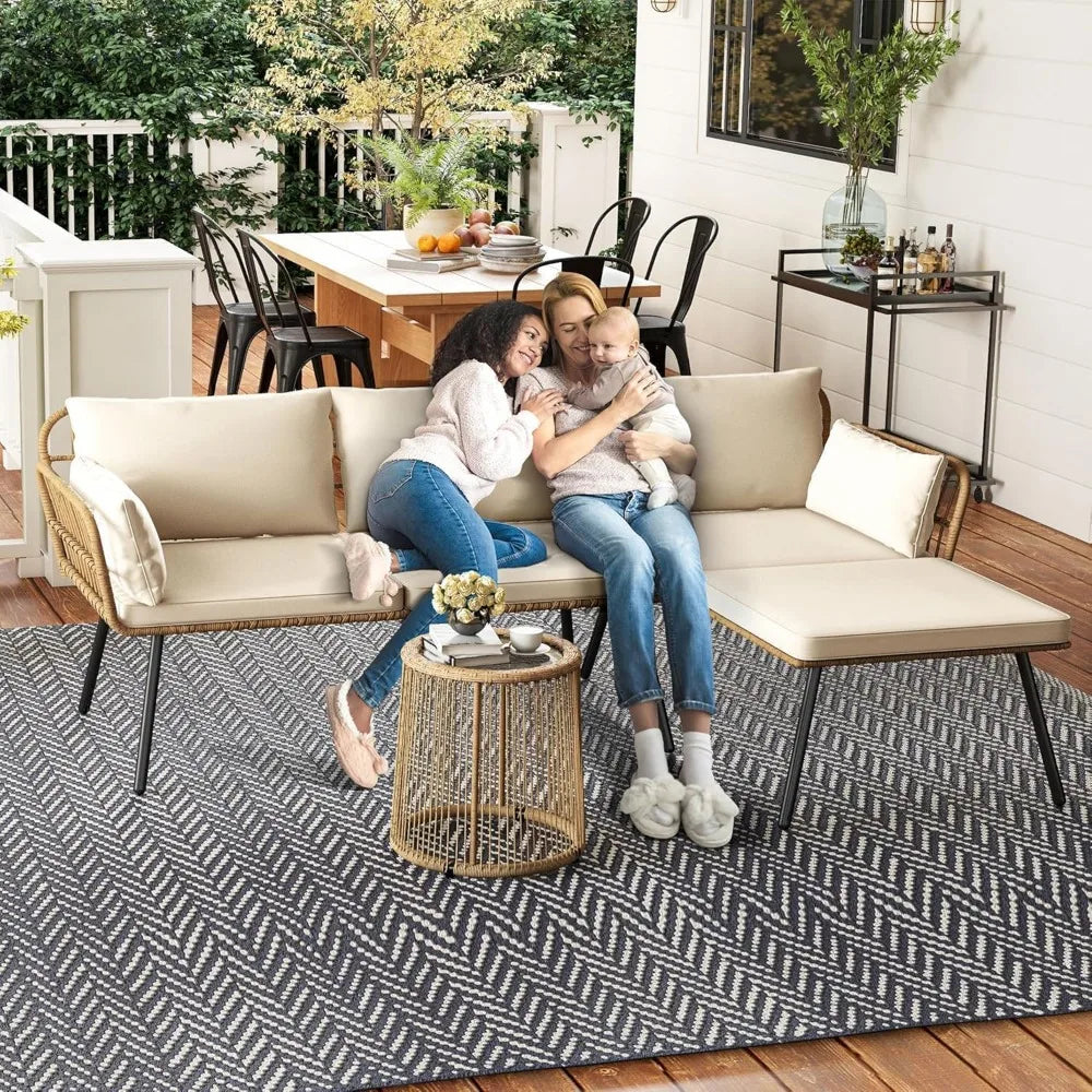 Patio Furniture Set 3 Piece Outdoor Wicker Conversation Set with Detachable Cushions and Coffee Table L-Shaped Sectional Sofa S