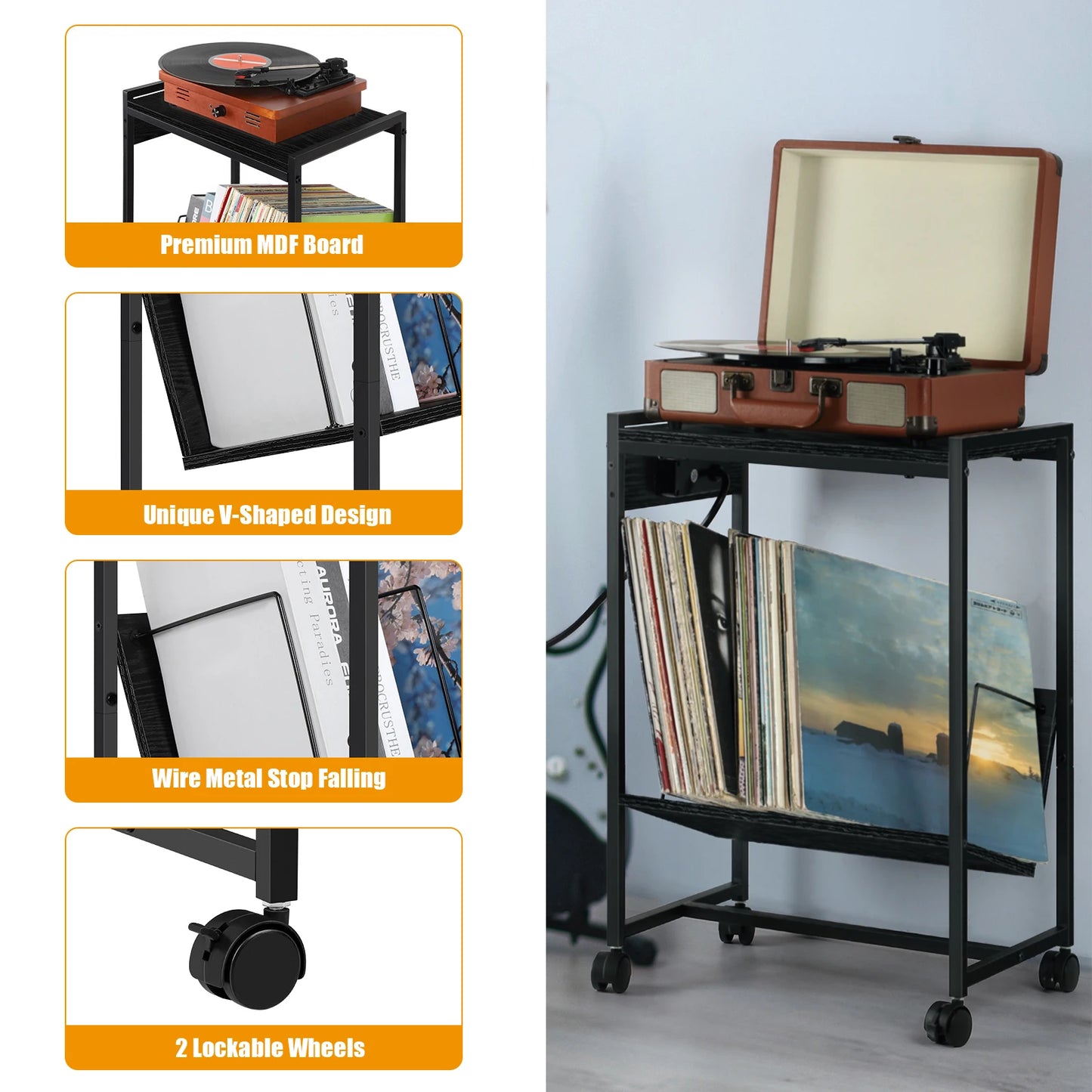 Record Player Stand with Vinyl Storage Side Table, 2 Tier with Charging Station Record Player Table for Living Room Bedroom