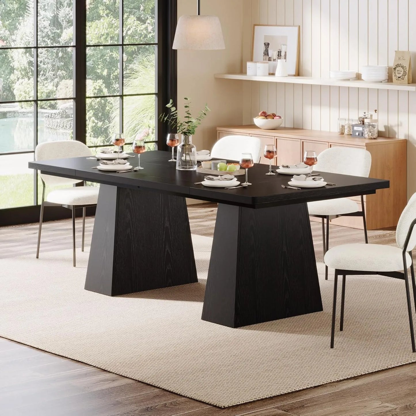 LITTLE TREE Black Dining Table for 4-6, Modern Kitchen Table with Tapered Wood Legs and Tabletop for Kitchen, Living Room