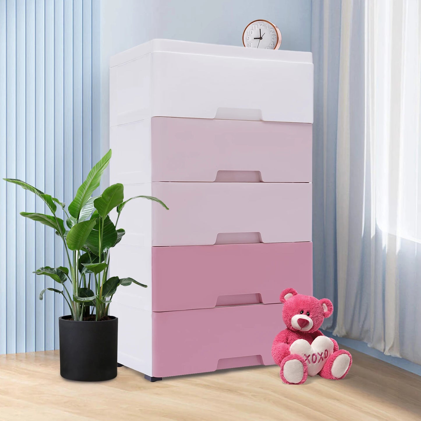 Space-Saving Gradient Pink Drawer Storage Cabinet, 43.5 x 29 x 80cm, for Kids' Clothes and Home Use