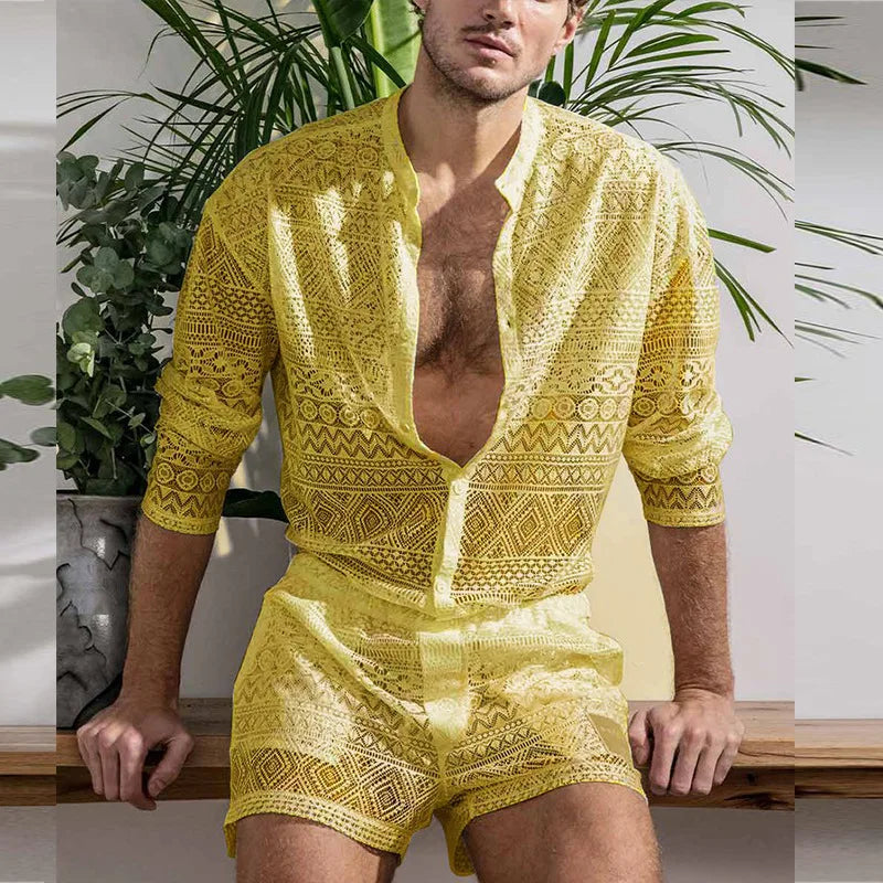 Men's Clothing Fashion Suit Men 2pcs Clothes Set Hollow Out Sexy Lace Short Sleeve Casual T Shirt Top Shorts Summer Solid Color