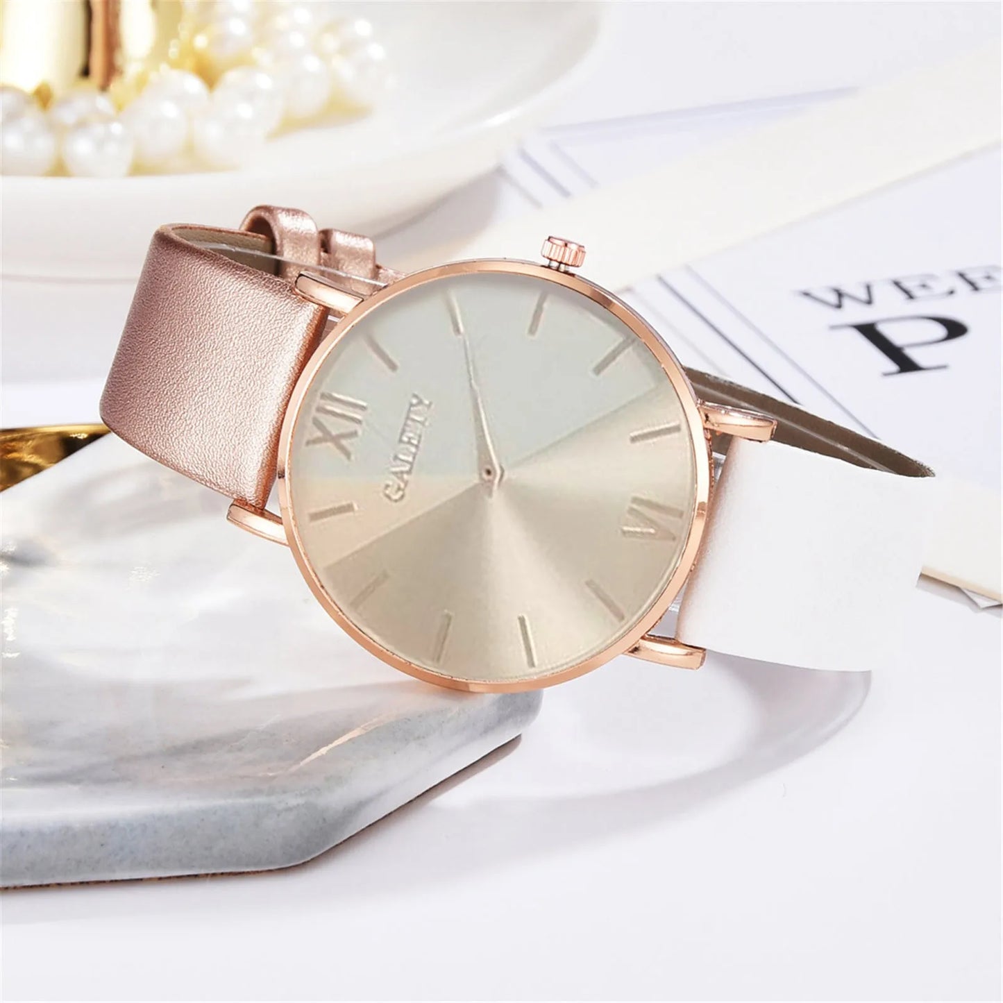 Women'S Watch Set Luxury Fashion Light Luxury Geometric Stitching Quartz Style Pu Leather Strap Round Dial Women'S Gift