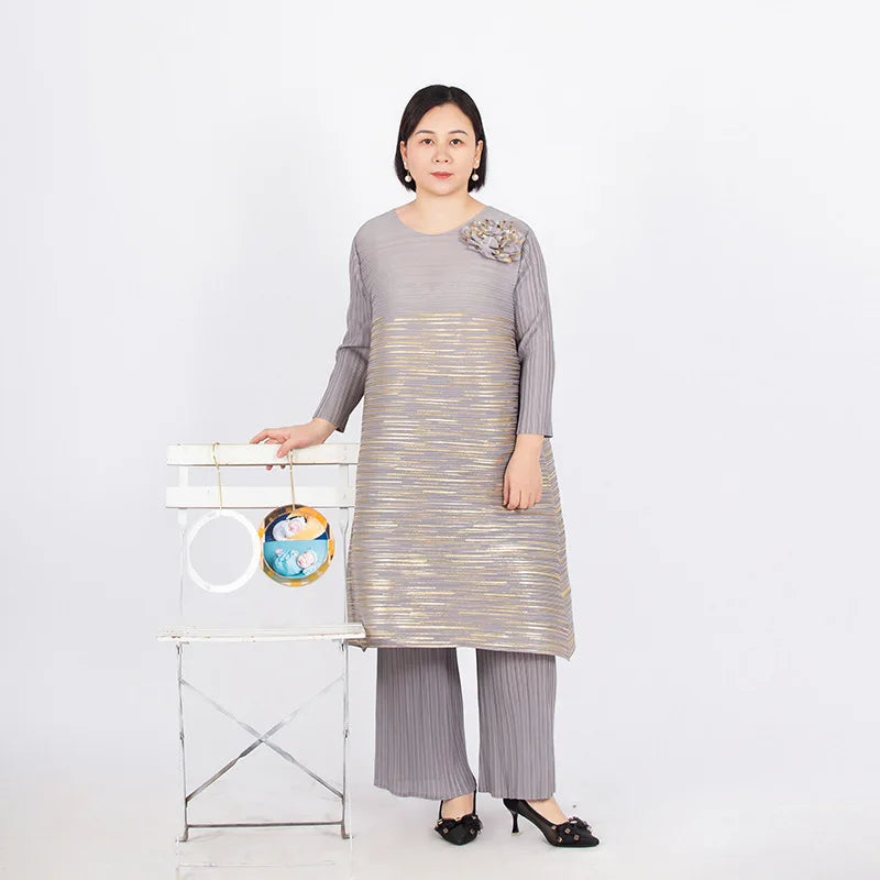 Woman Clothing 2 Pieces Set Elegant Pants And Blouse Suits Plus Size Women's Pleated Pantsuit Luxury Party Formal Female Fashion