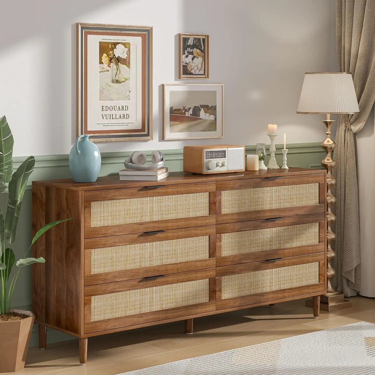 6 Drawer Double Dresser for Bedroom,Natural Rattan Modern Drawer Chest,Wooden Storage Wardrobe Dresser with Black Handles,